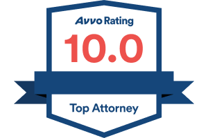 Avvo Rating 10.0 Top Attorney badge with a blue ribbon