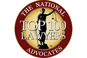 The National Trial Lawyers Top 100 Advocates award logo in maroon and gold